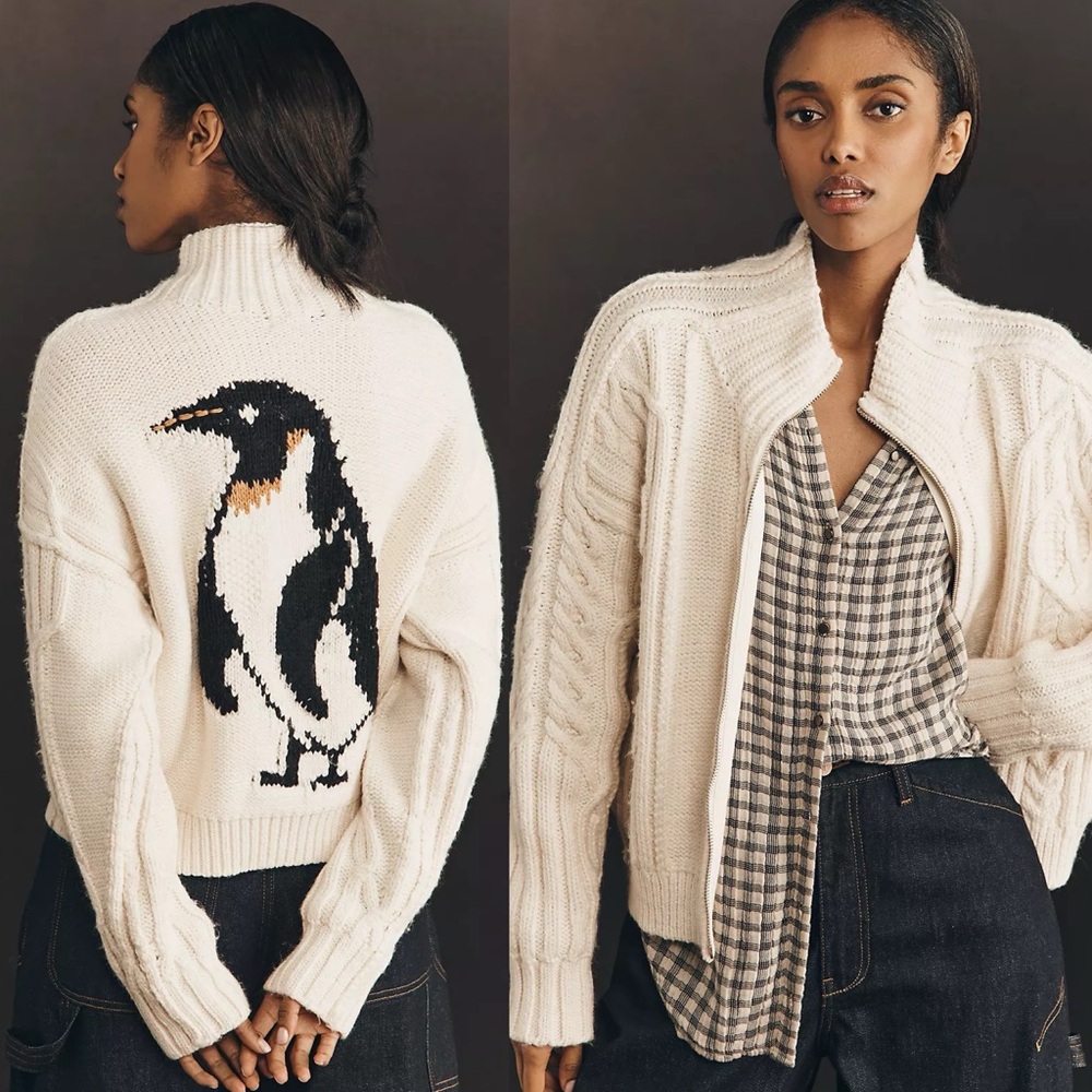 NWT Anthropologie Pilcro Collared Cable Knit Penguin Sweater Ivory